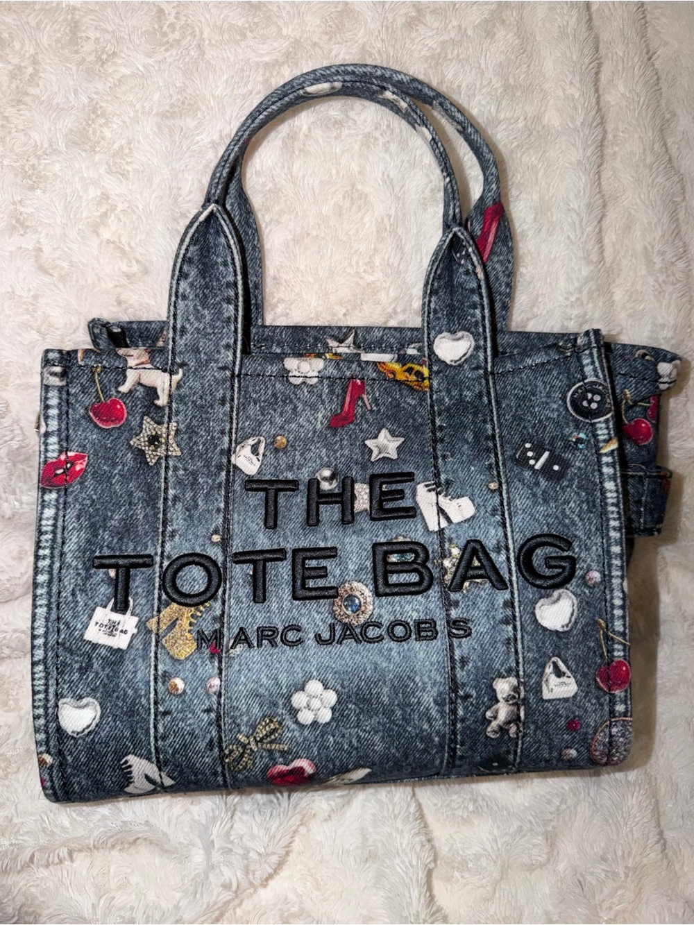 Marc Jacobs Denim Printed 'The Tote Bag' with Multi Motif Accents